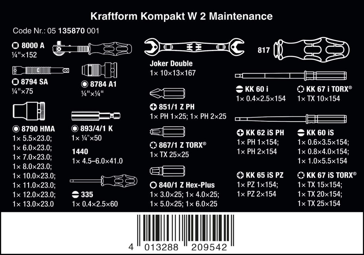 Wera Kraftform Kompakt W 2 Entretien - 35 Pièces