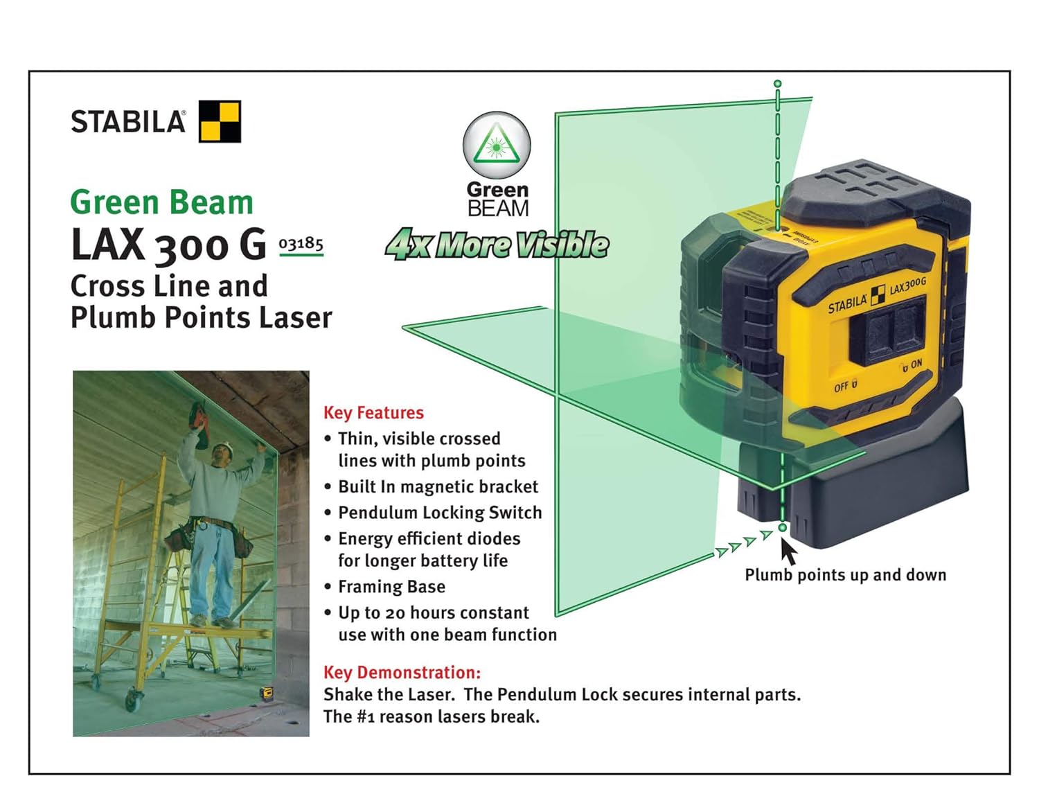 Stabila 03185 LAX300 Green Beam Cross Line Plus Plumb Dots Laser Level