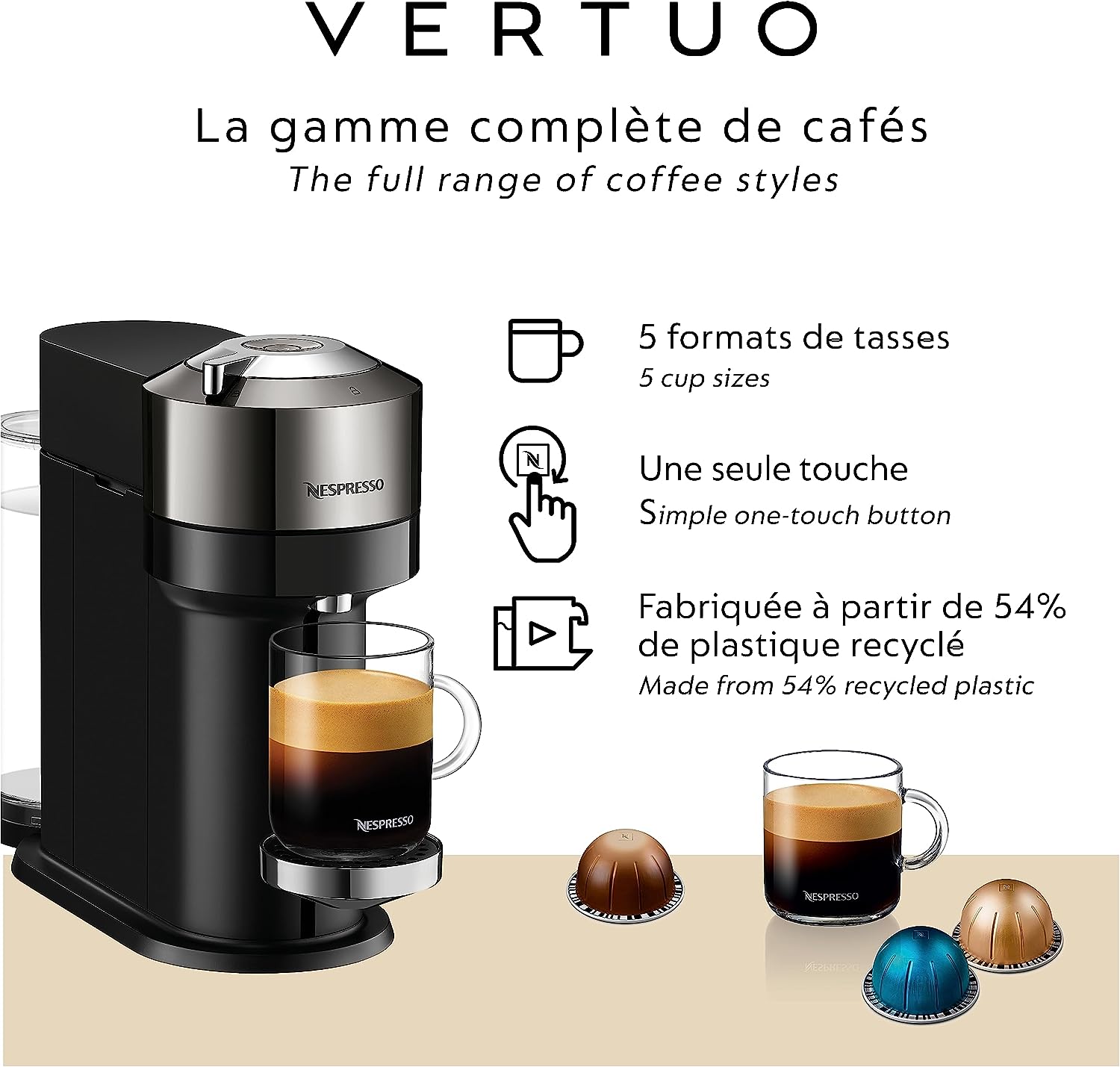 Machine à café et expresso Nespresso Vertuo Next Premium de Breville - Chrome foncé