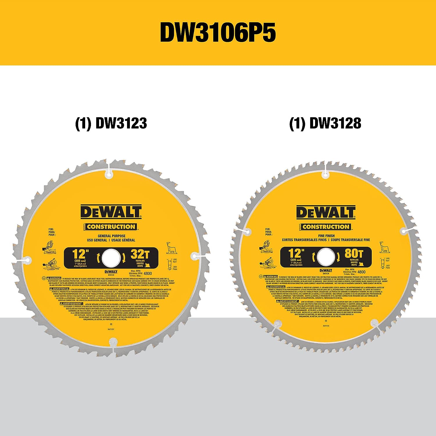 DEWALT Lame de scie à onglet à coupe transversale à trait fin ATB série 20 de 12 pouces, 80 dents et 12 pouces 32T, série 20