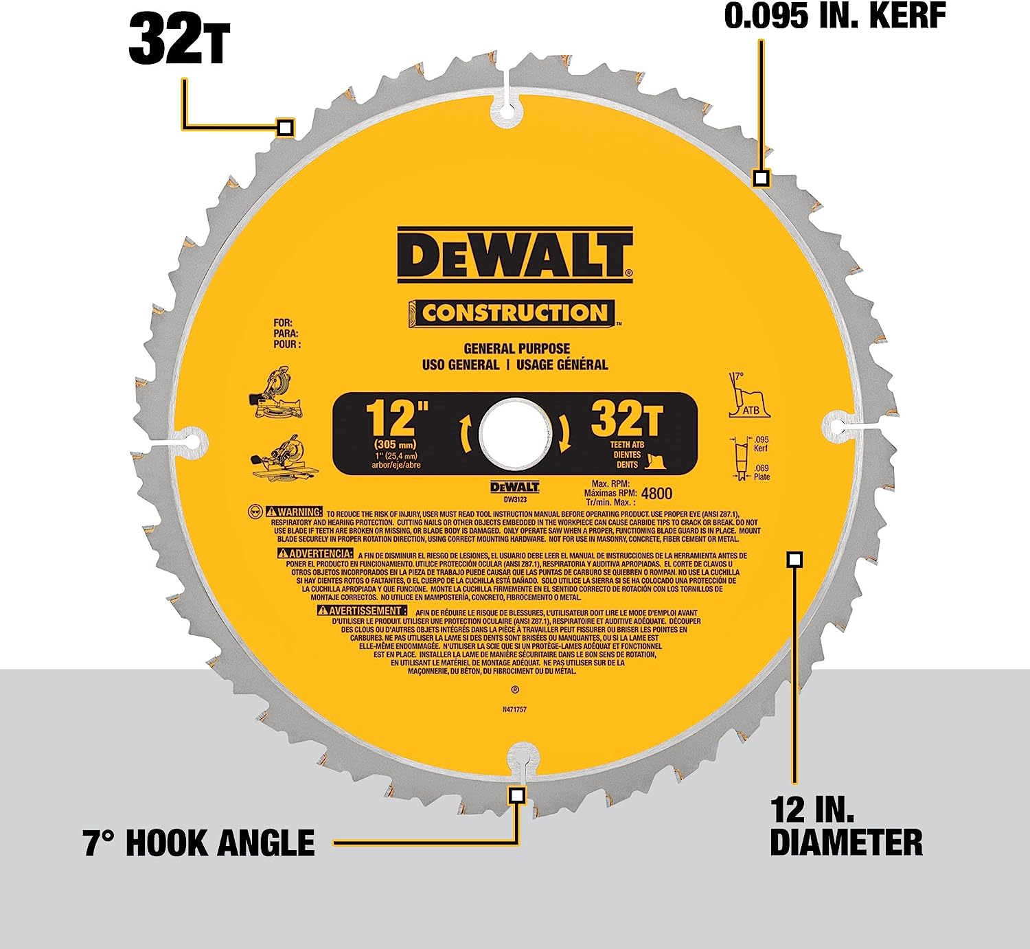 DEWALT Lame de scie à onglet à coupe transversale à trait fin ATB série 20 de 12 pouces, 80 dents et 12 pouces 32T, série 20