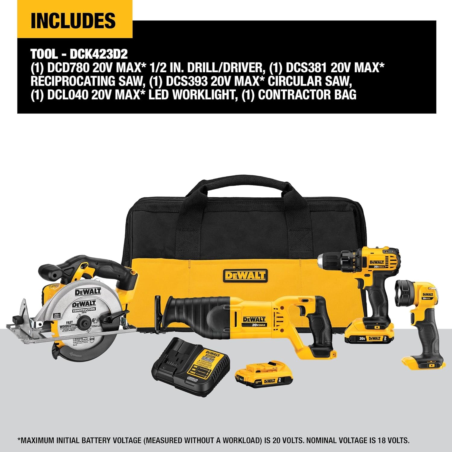 Ensemble d'outils électriques sans fil Dewalt 20 V avec 2 batteries et chargeur