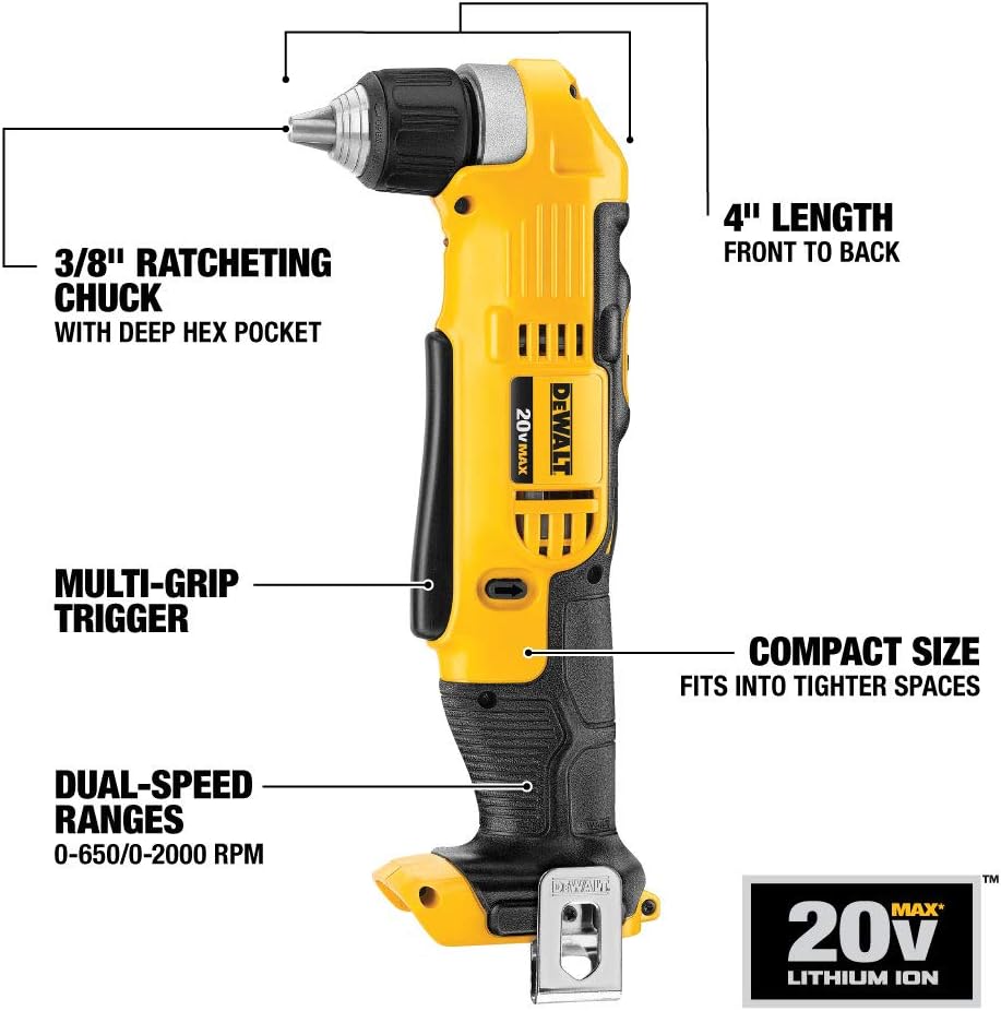 Perceuse à angle droit sans fil au lithium-ion Dewalt 20 V MAX (3/8 po)