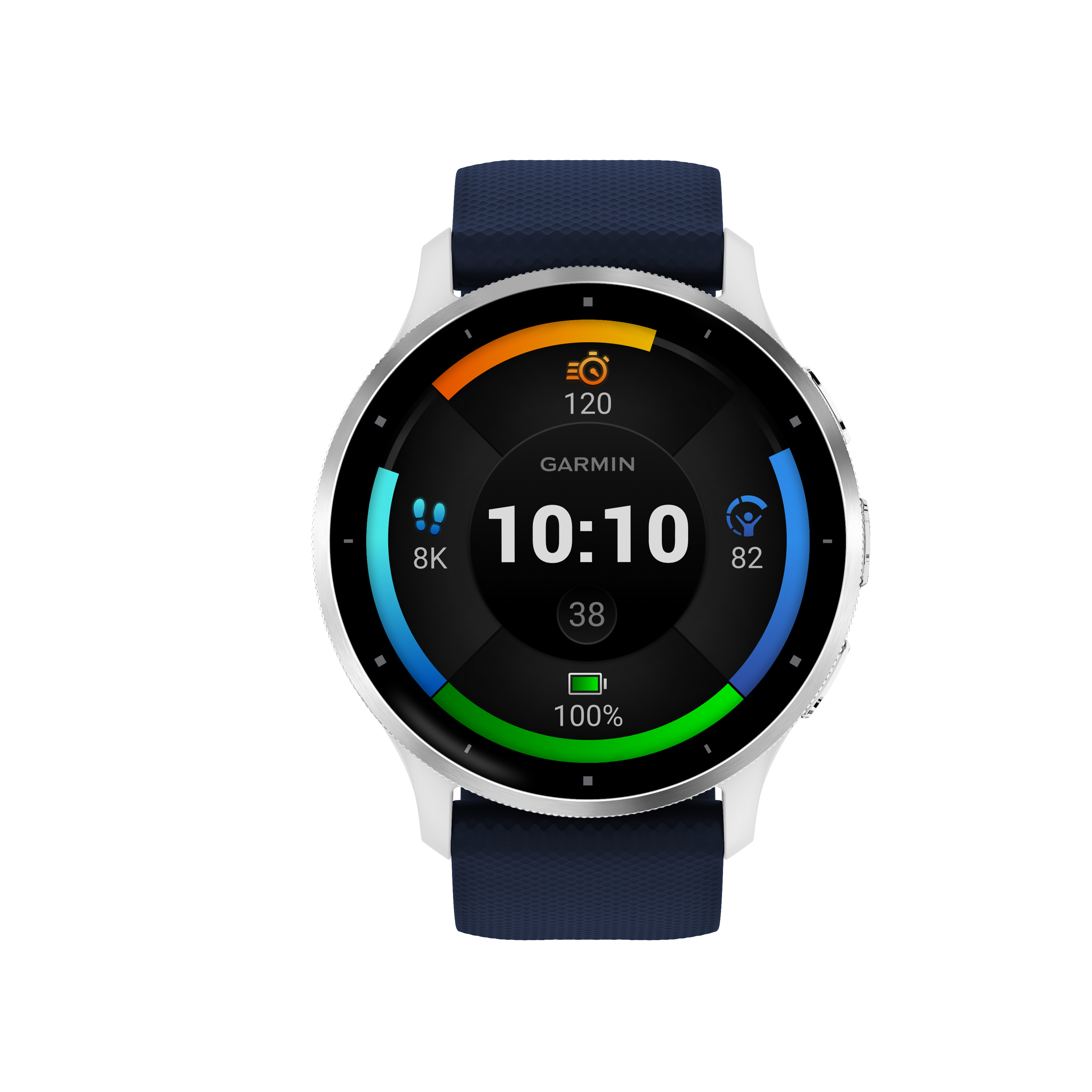Garmin Venu 3 - Lunette en acier inoxydable argentée avec boîtier en pierre blanche et bracelet en silicone