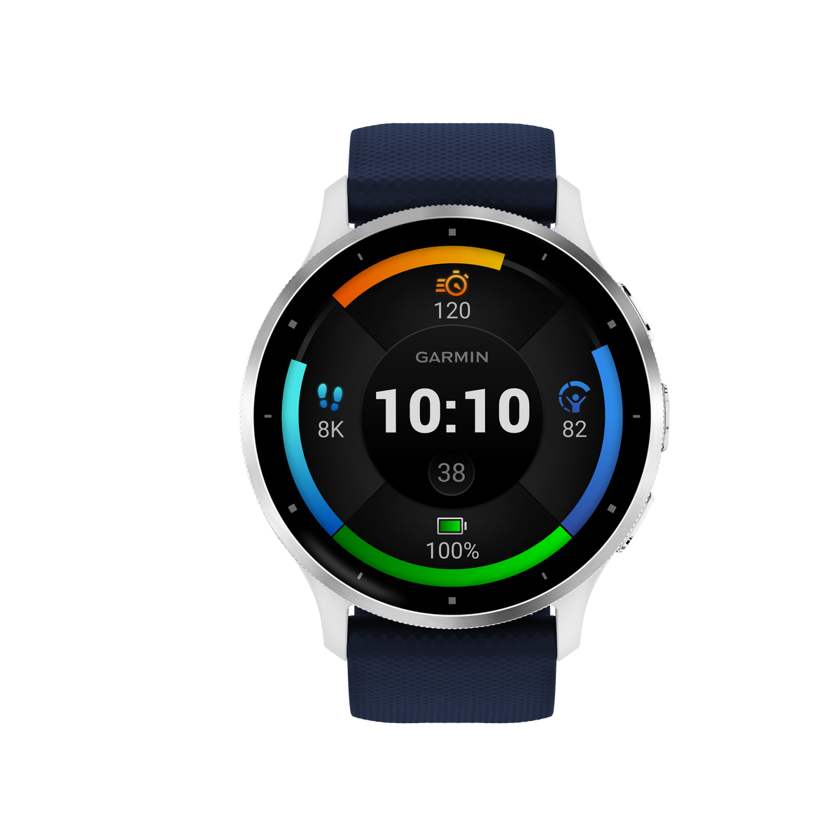 Garmin Venu 3 - Lunette en acier inoxydable argentée avec boîtier en pierre blanche et bracelet en silicone
