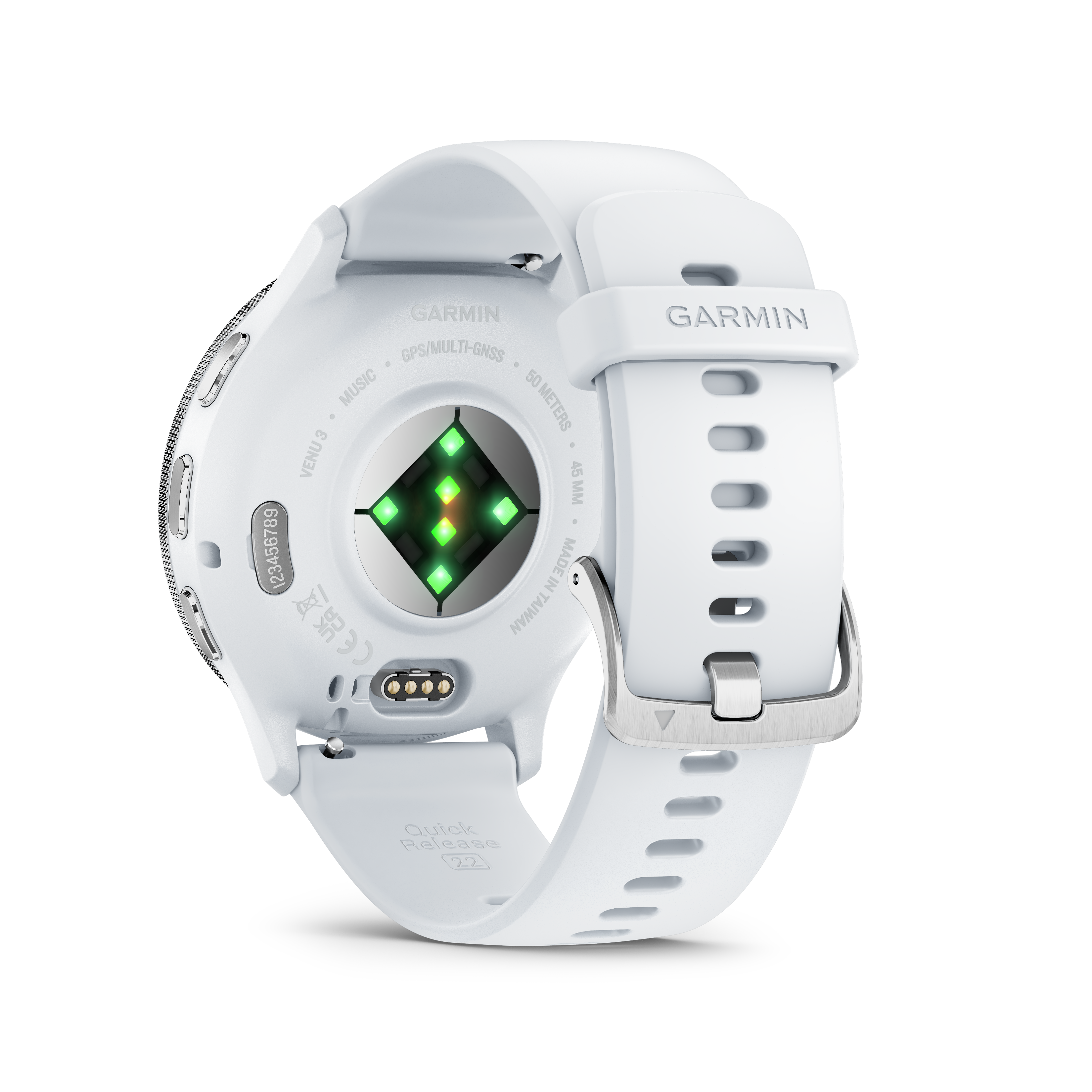 Garmin Venu 3 - Lunette en acier inoxydable argentée avec boîtier en pierre blanche et bracelet en silicone
