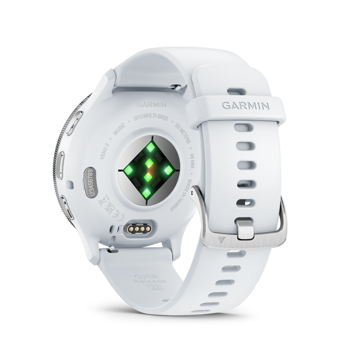 Garmin Venu 3 - Lunette en acier inoxydable argentée avec boîtier en pierre blanche et bracelet en silicone