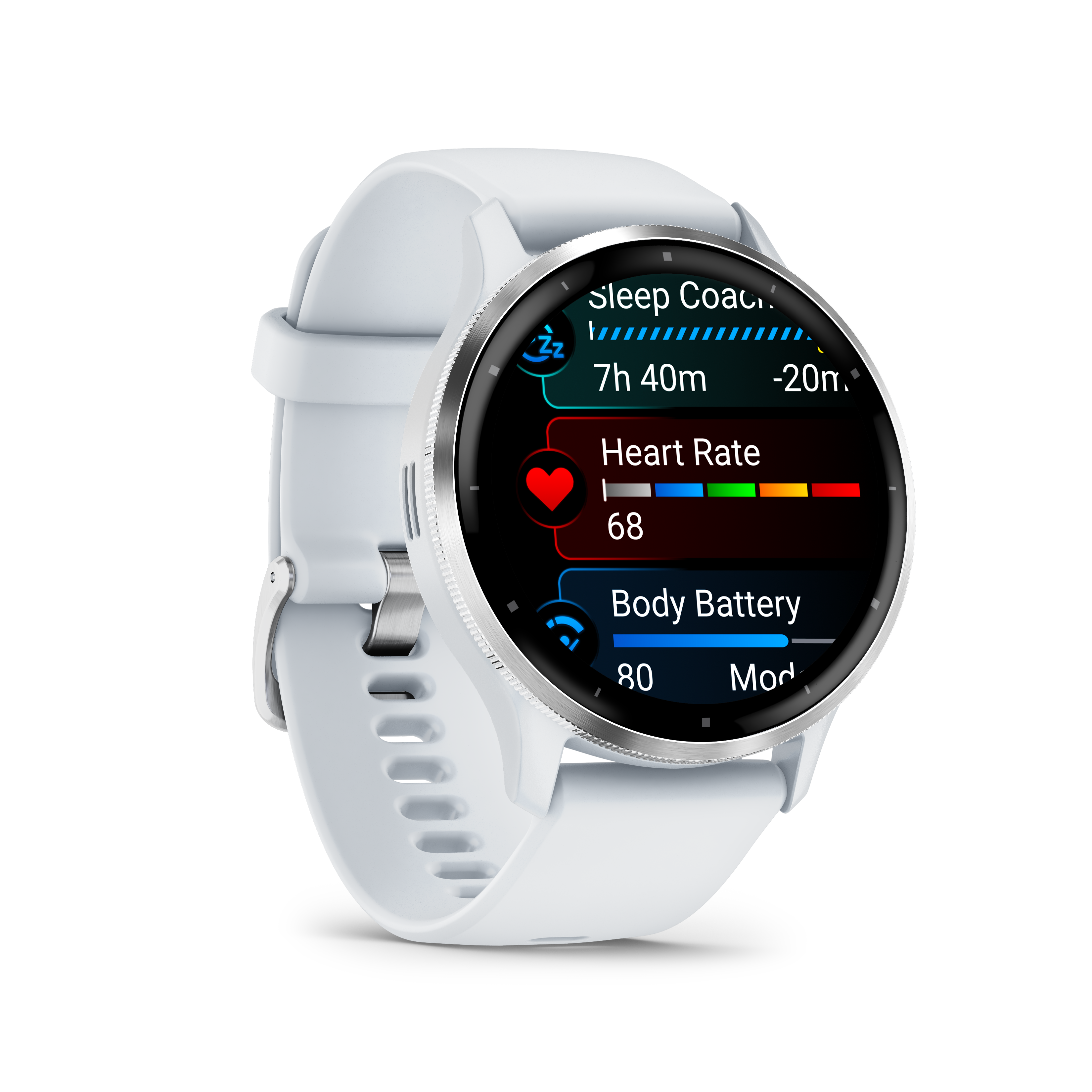 Garmin Venu 3 - Lunette en acier inoxydable argentée avec boîtier en pierre blanche et bracelet en silicone
