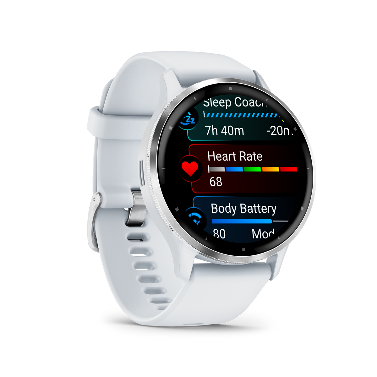 Garmin Venu 3 - Lunette en acier inoxydable argentée avec boîtier en pierre blanche et bracelet en silicone