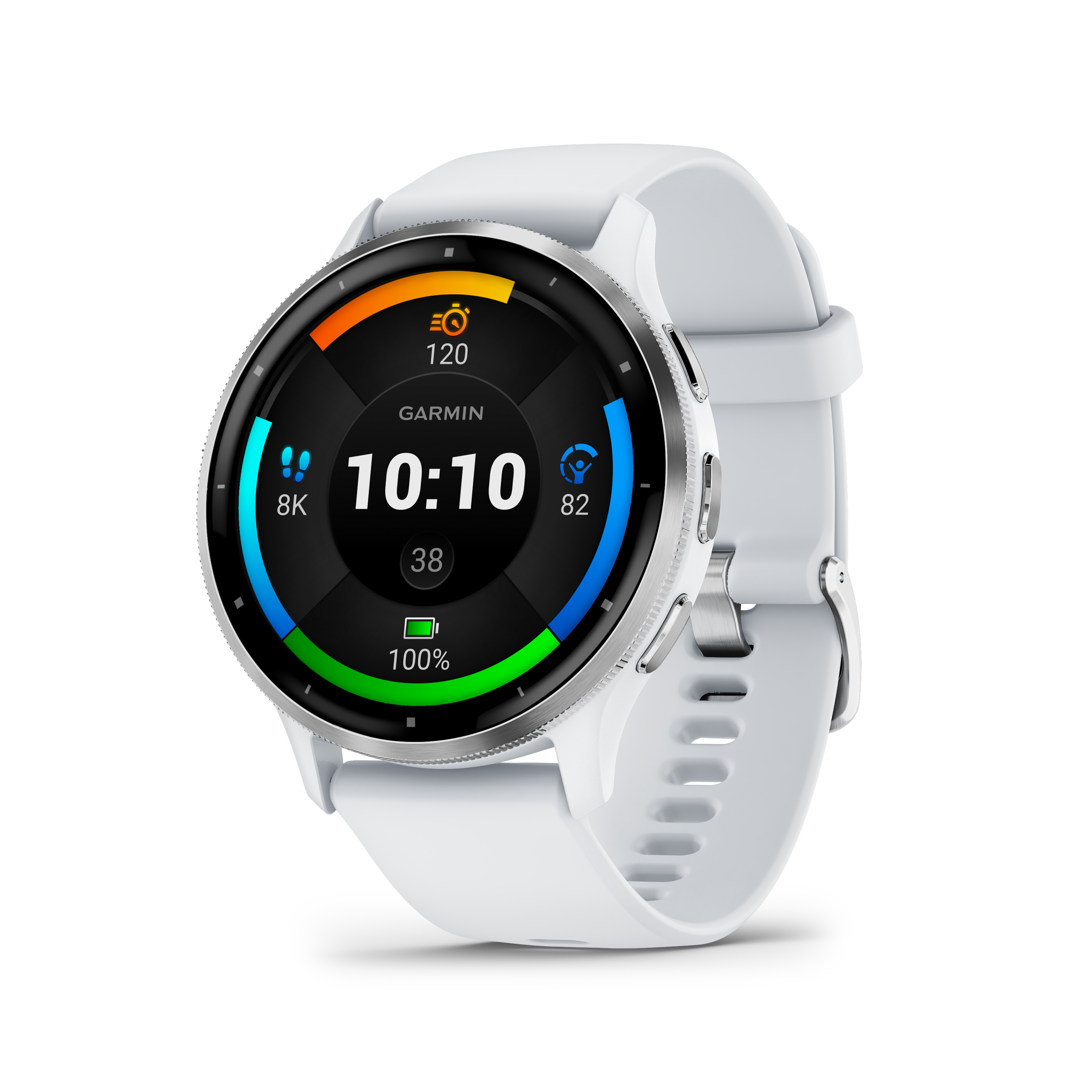 Garmin Venu 3 - Lunette en acier inoxydable argentée avec boîtier en pierre blanche et bracelet en silicone