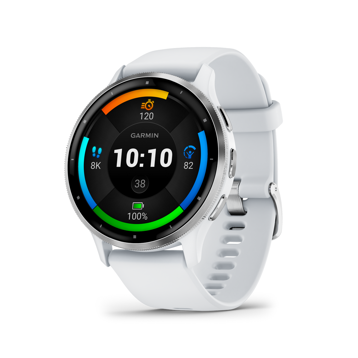 Garmin Venu 3 - Lunette en acier inoxydable argentée avec boîtier en pierre blanche et bracelet en silicone
