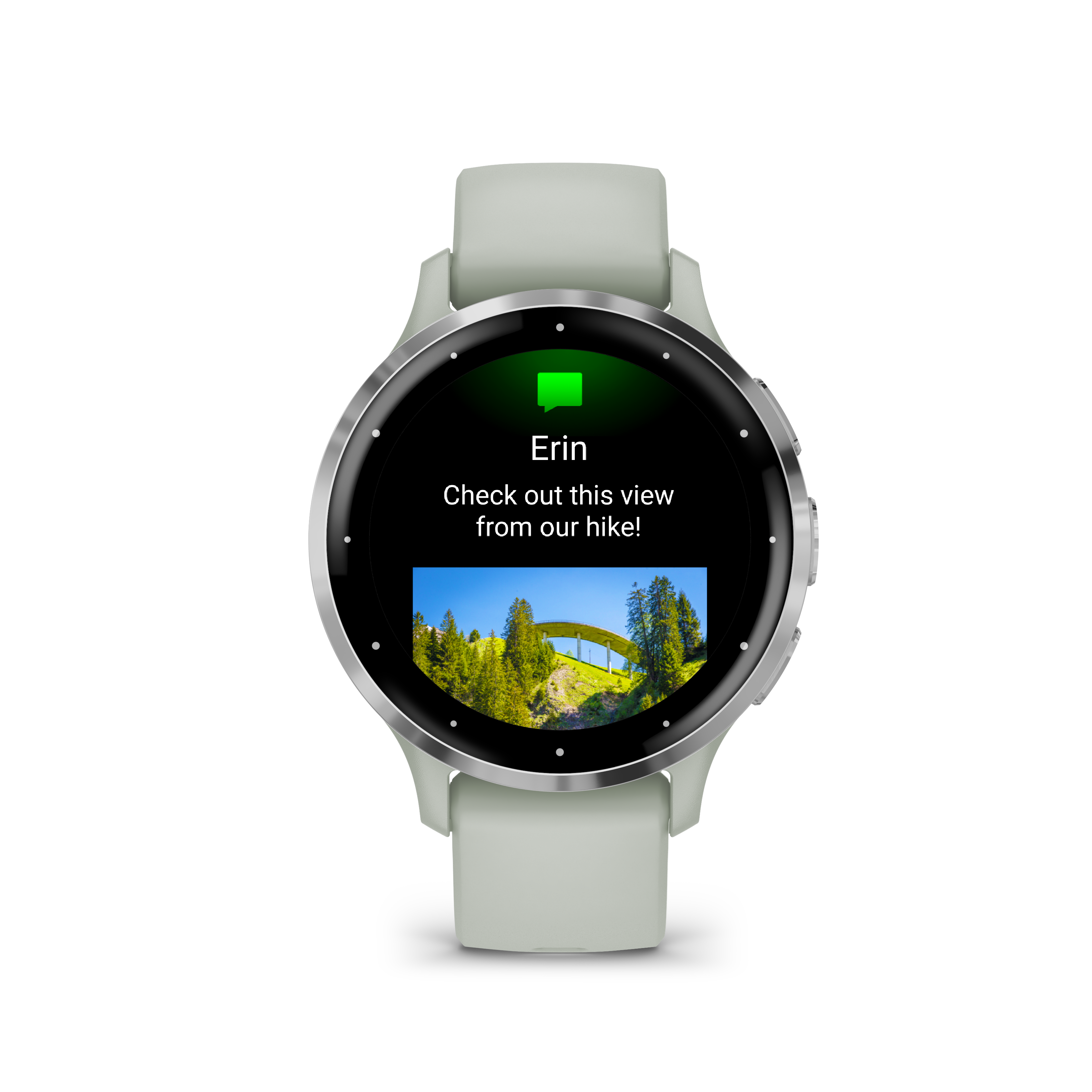 Garmin Venu Lunette en acier inoxydable argentée avec boîtier gris sauge et bracelet en silicone