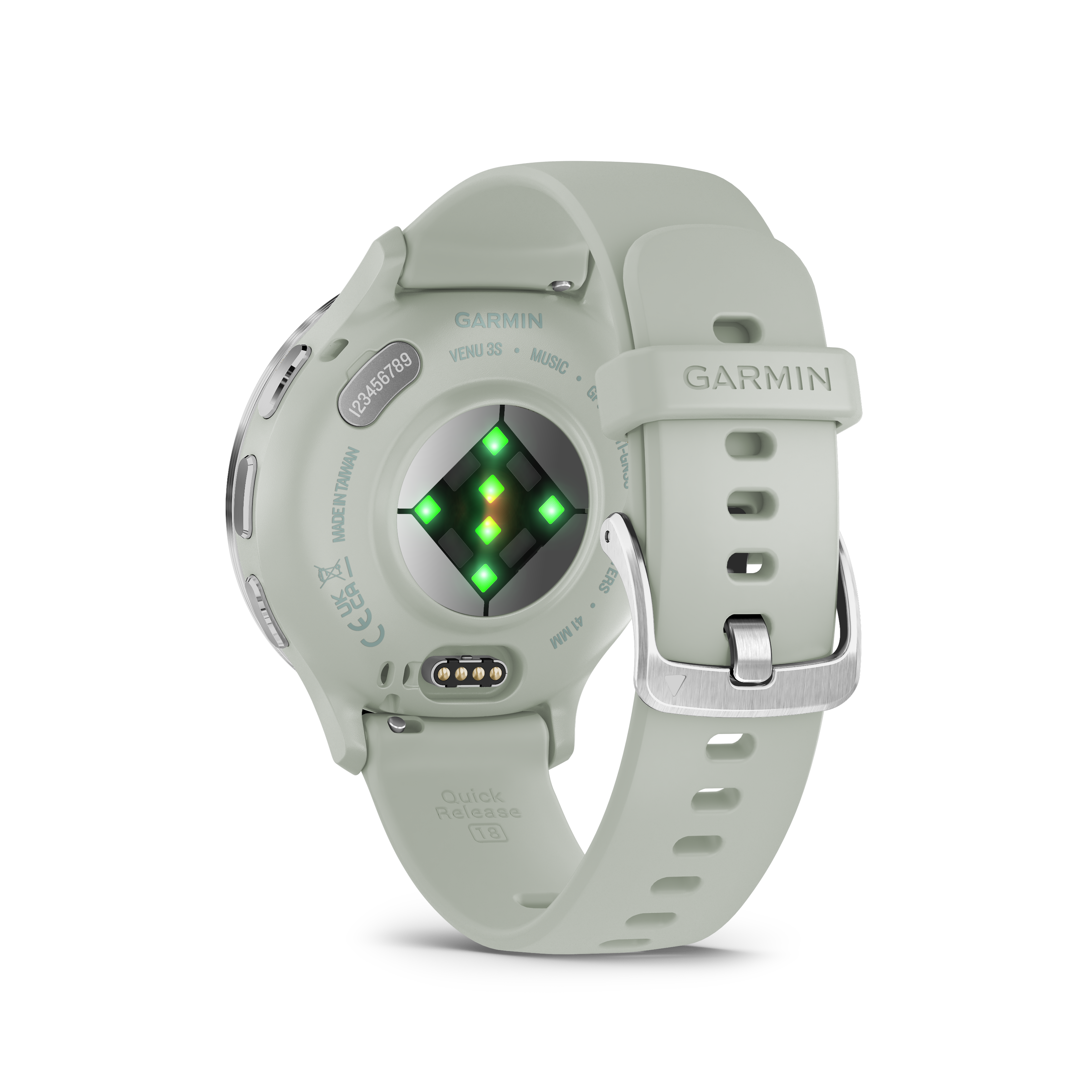 Garmin Venu Lunette en acier inoxydable argentée avec boîtier gris sauge et bracelet en silicone