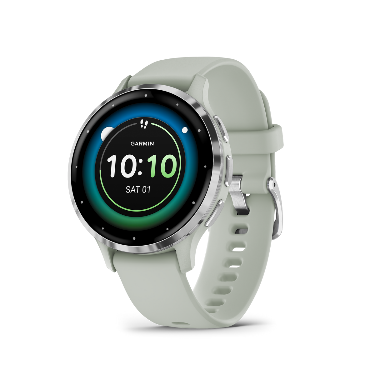 Garmin Venu Lunette en acier inoxydable argentée avec boîtier gris sauge et bracelet en silicone