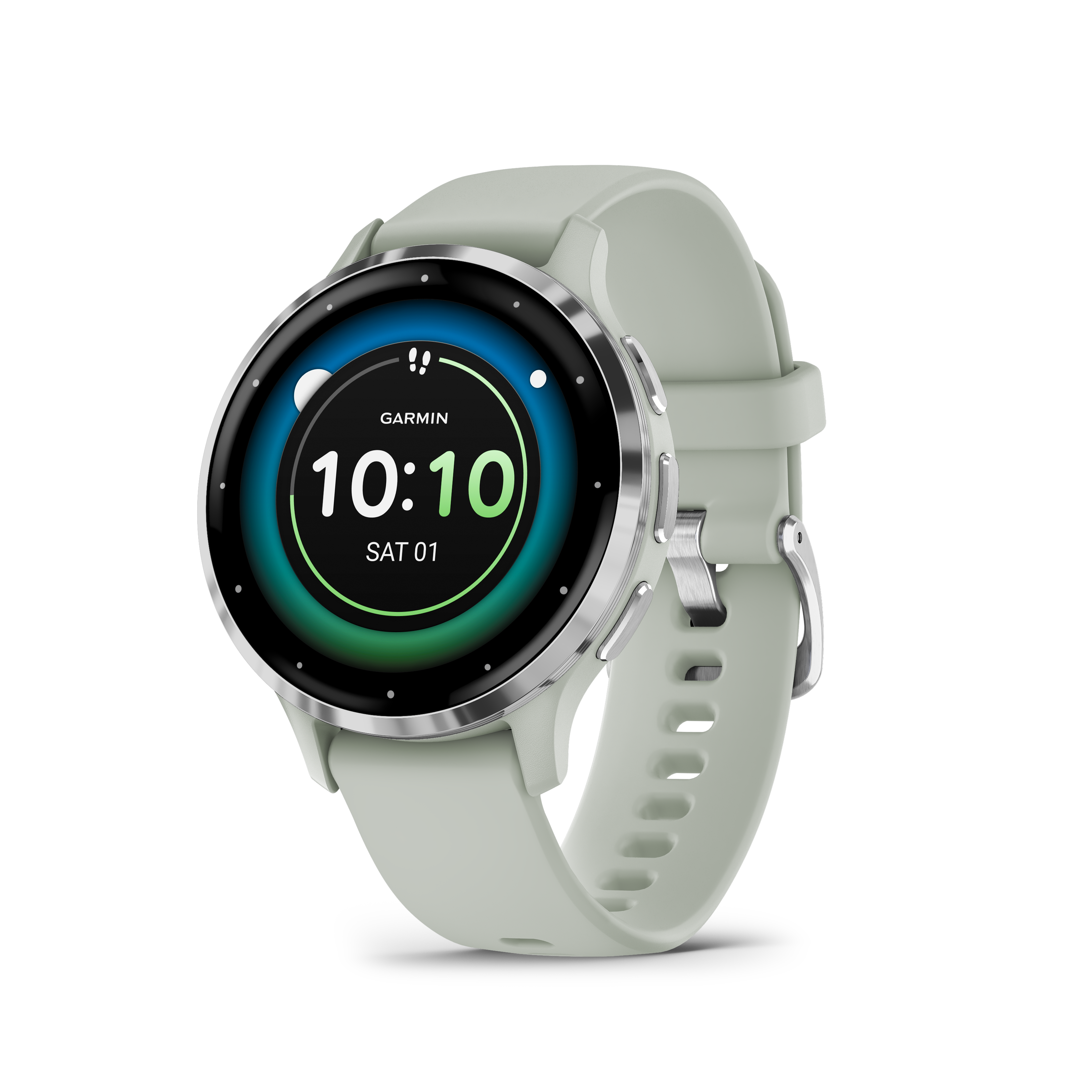 Garmin Venu Lunette en acier inoxydable argentée avec boîtier gris sauge et bracelet en silicone