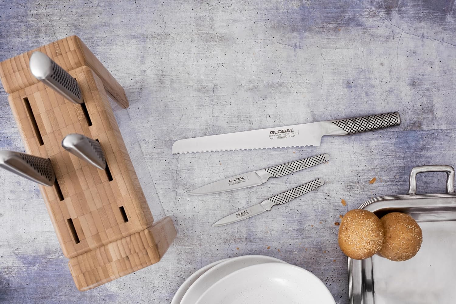 Global-Ikasu Stainless Steel Knife & Bamboo Block - 7 PC Set