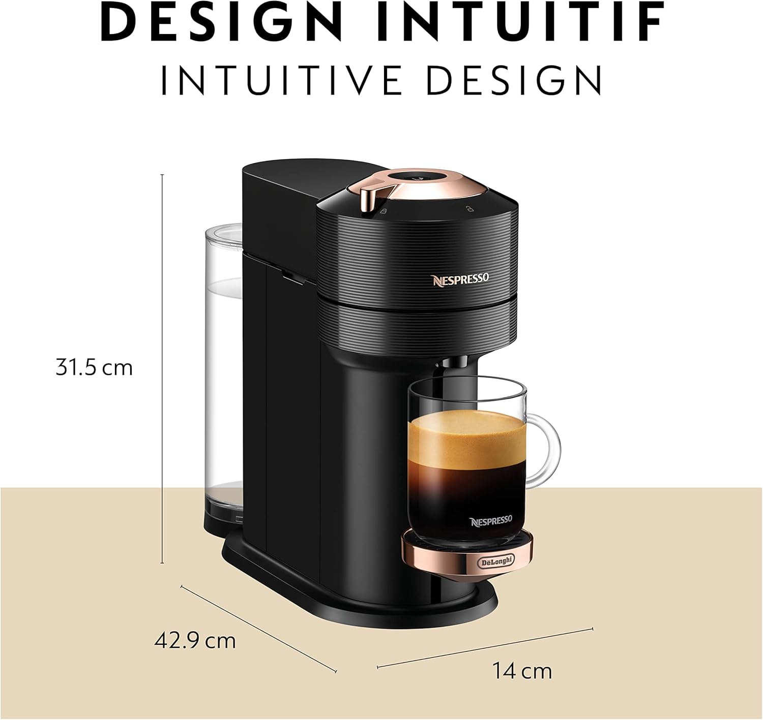 Machine à café et à espresso Nespresso Vertuo Next de De'Longhi - Noir et or rose