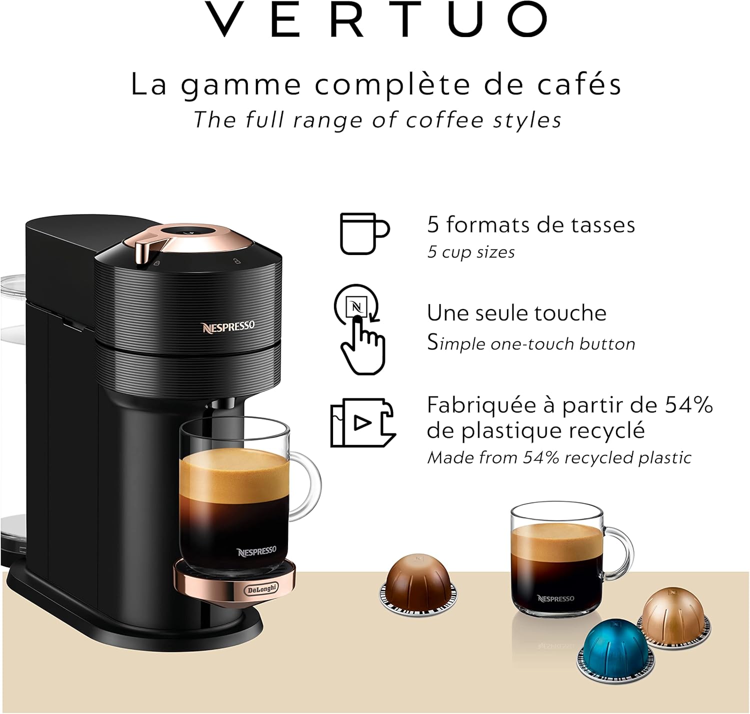 Machine à café et à espresso Nespresso Vertuo Next de De'Longhi - Noir et or rose
