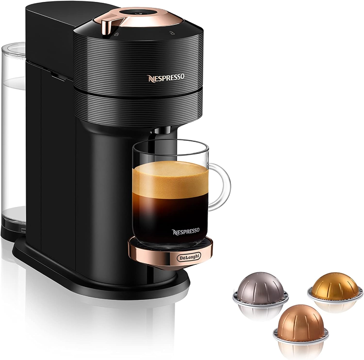 Machine à café et à espresso Nespresso Vertuo Next de De'Longhi - Noir et or rose