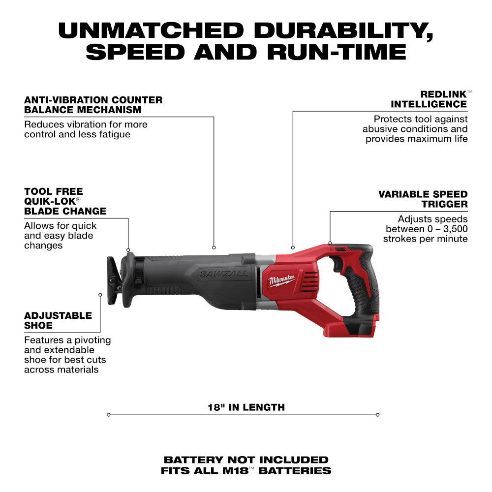 Milwaukee 18V Lithium Ion Cordless Sawzall with Quik Lok Blade Clamp and All Metal Gearbox