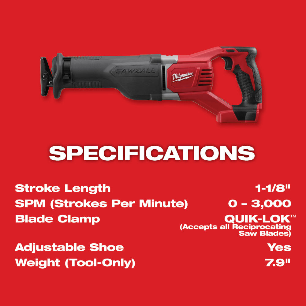 Milwaukee 18V Lithium Ion Cordless Sawzall with Quik Lok Blade Clamp and All Metal Gearbox