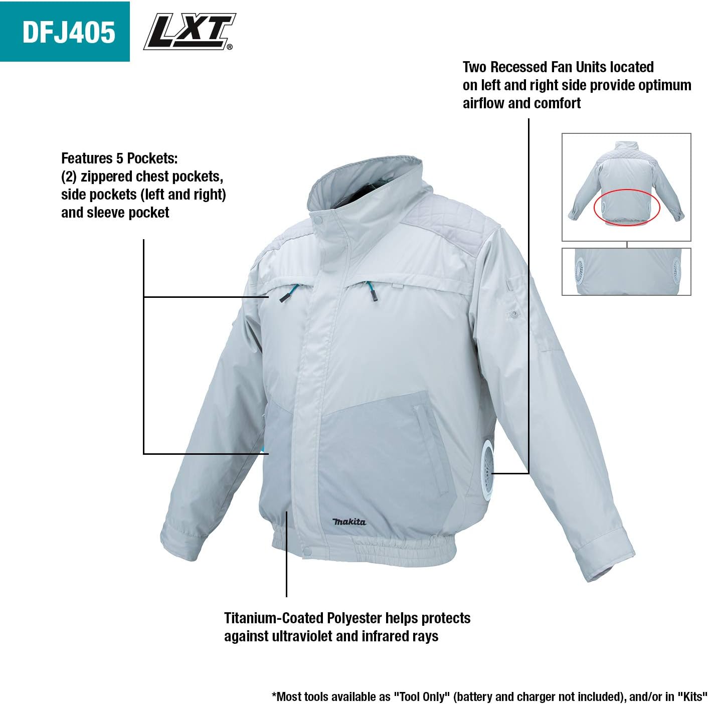 Makita 18V LXT Lithium-Ion Cordless UV Resistant Ventilated Jacket - S - White