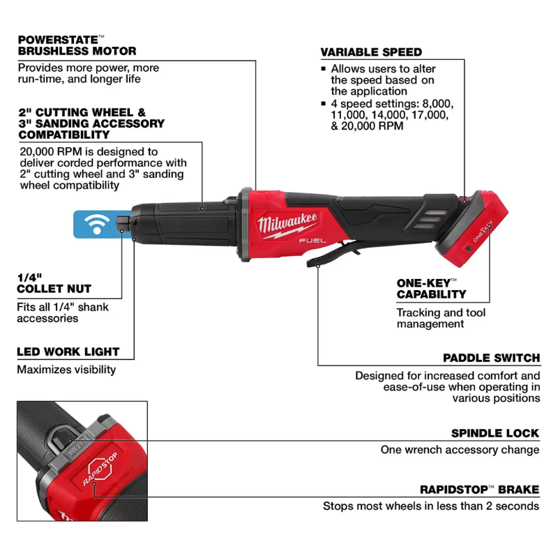Milwaukee M18 Fuel Variable Speed Braking Die Grinder with Paddle Switch - Tool Only (Outil seul)