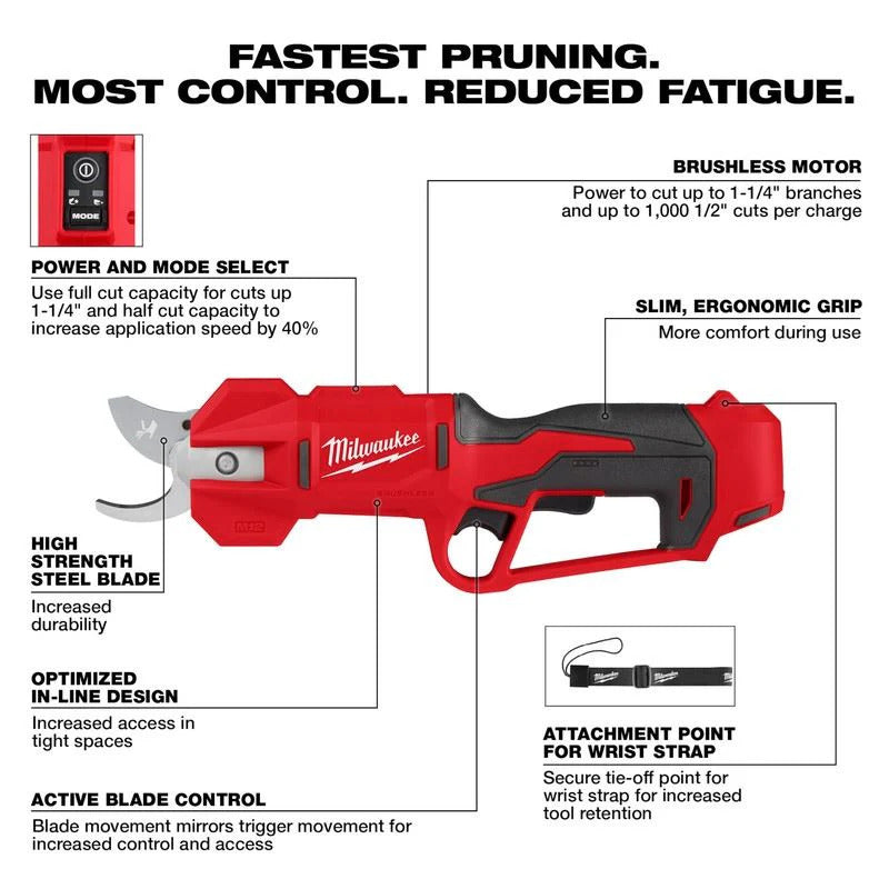 Milwaukee M12 12V Lithium-Ion Cordless Brushless Pruning Shears - Tool Only
