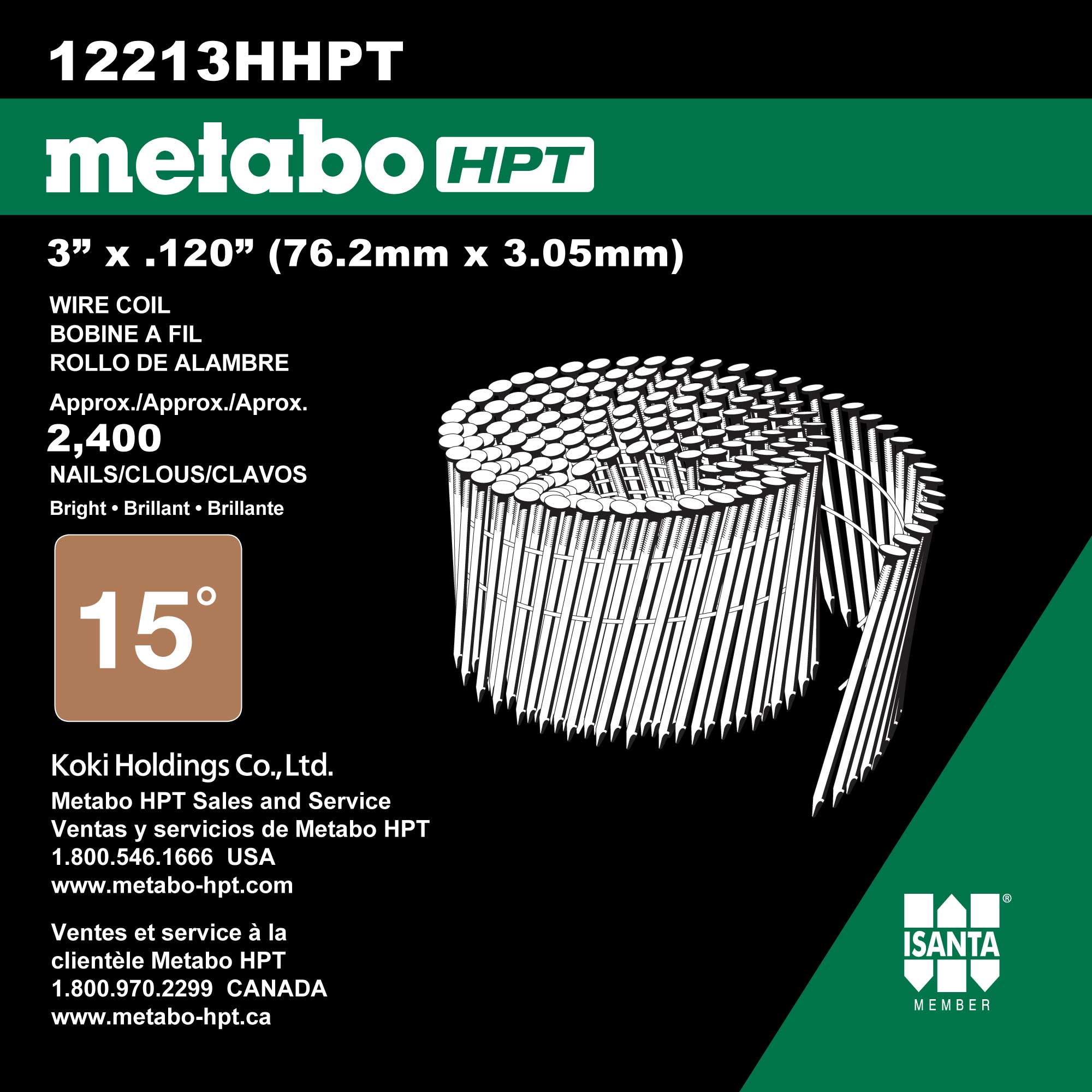 Metabo HPT 3" x 1.120 tête ronde Brite Basic Wire Coil clous pour charpente - 2400 pièces