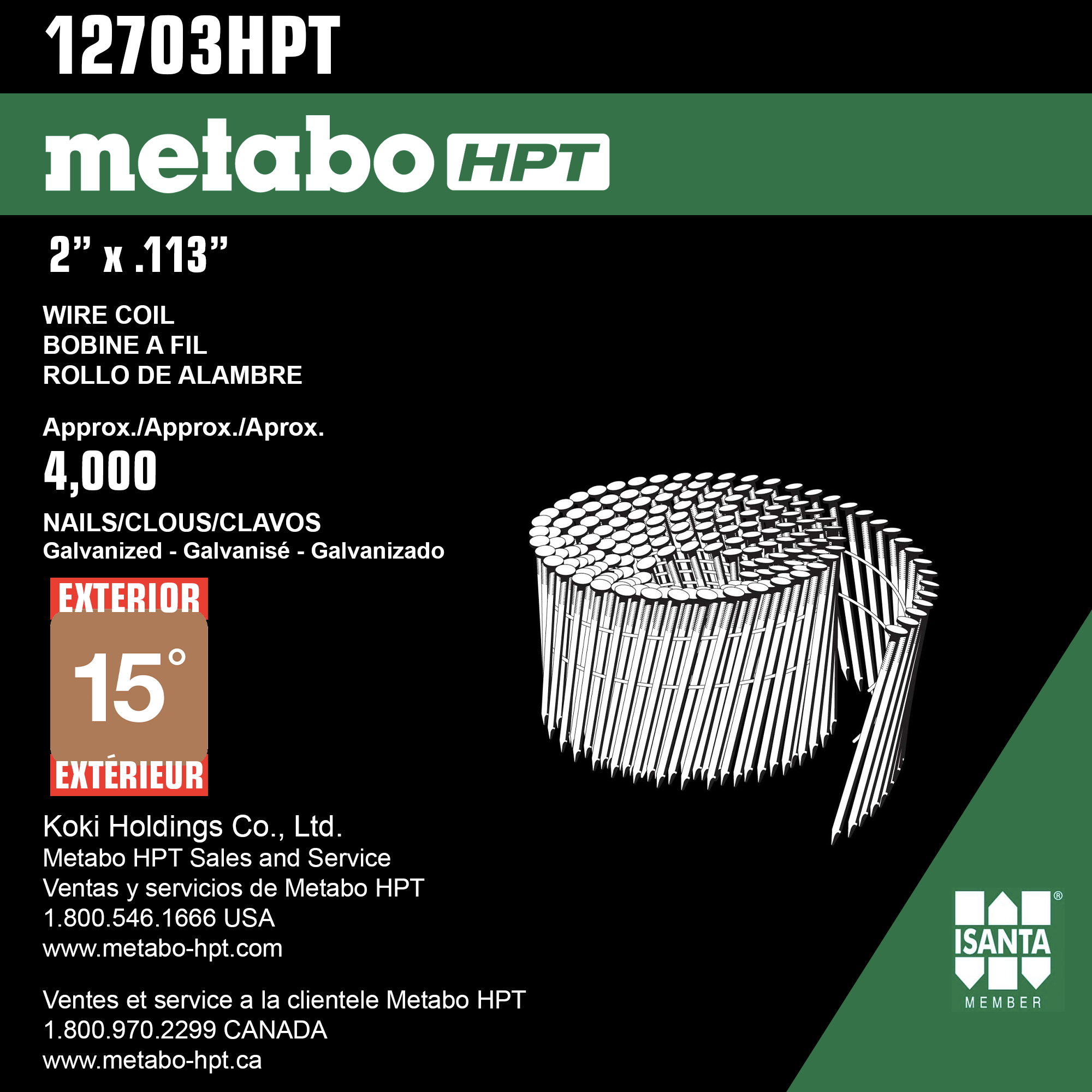 Metabo HPT 3" x 1.120 clous pour charpente à tête ronde galvanisée à chaud - 2400 pièces