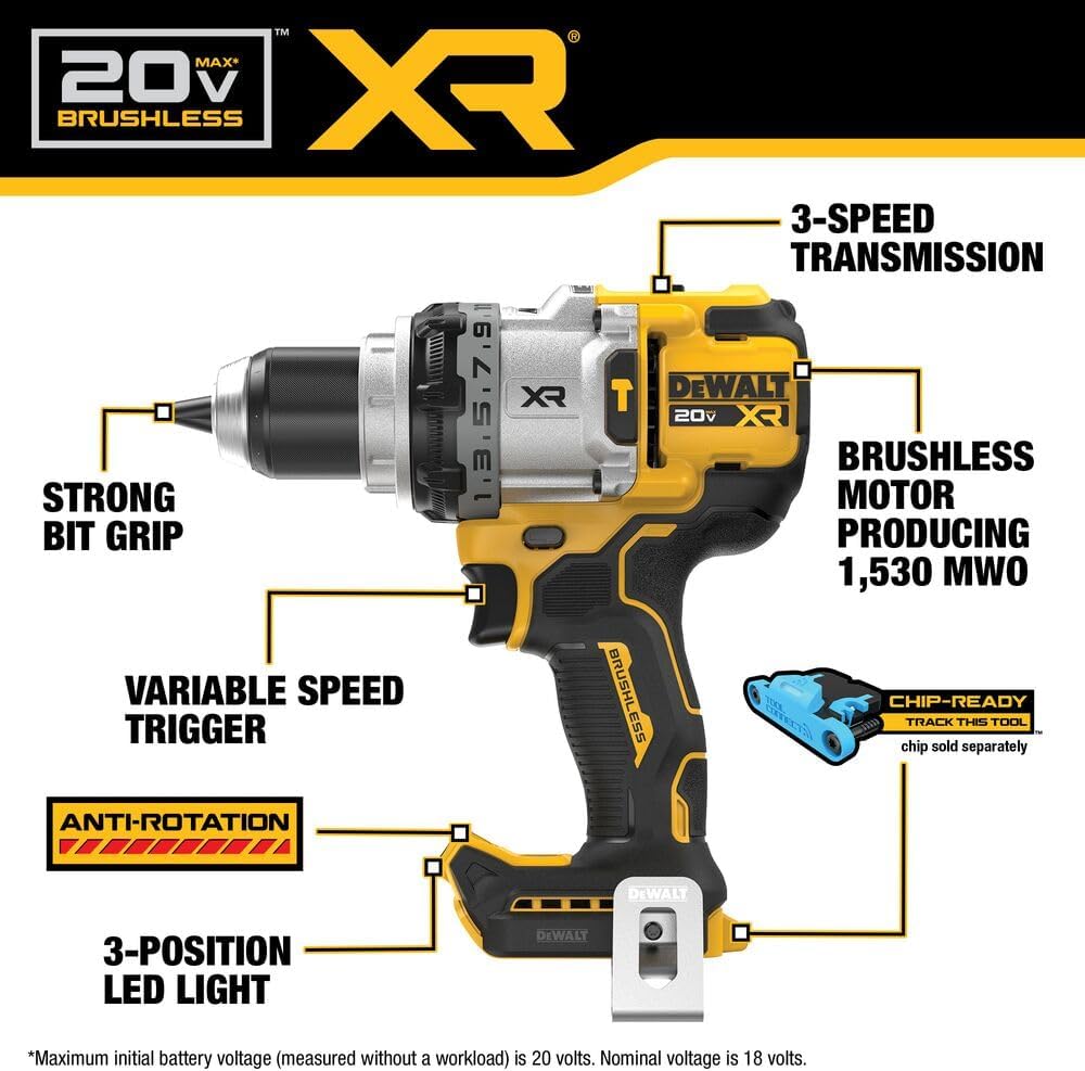Dewalt 20V Max XR 1/2 " Brushless Cordless 3 Speed Hammer Drill - Tool Only