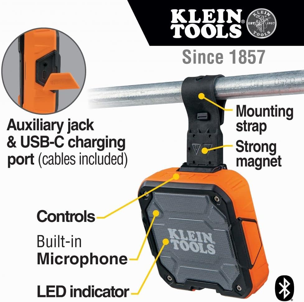 Klein Tools Wireless Portable Audio and Answers Calls Hands Free Bluetooth Speaker with Magnetic Strap