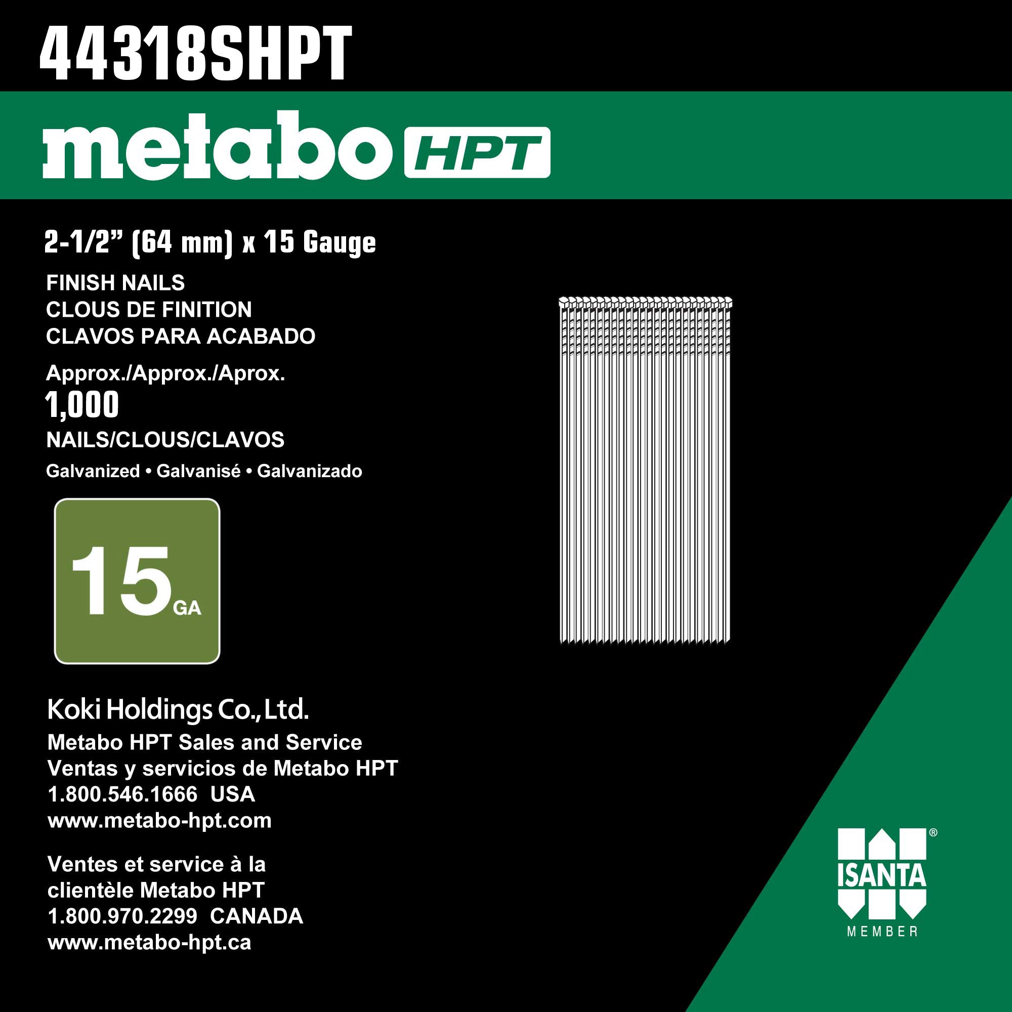 Metabo HPT 2-1/2" x 15 Gauge Stainless Steel Finish Nails - 1000 Count