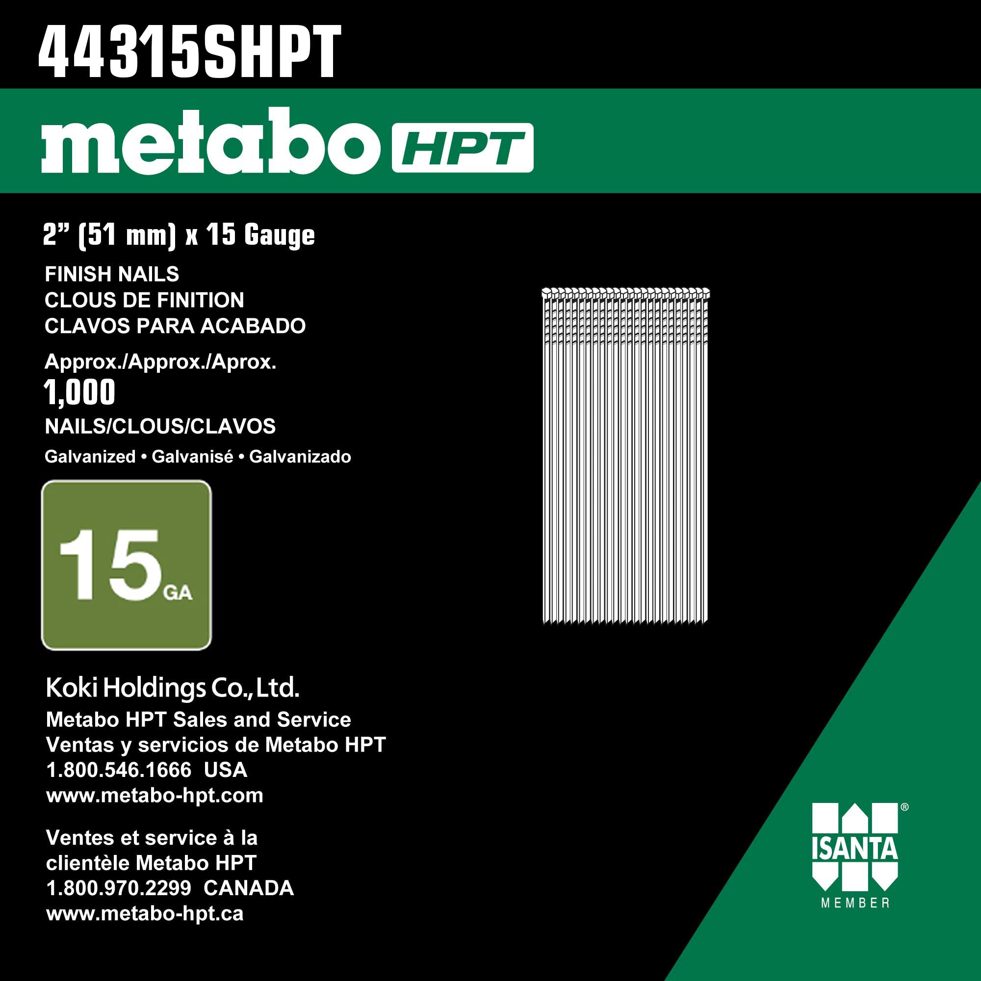 Metabo HPT clous de finition en acier inoxydable 2" x 15 - 1000 pièces