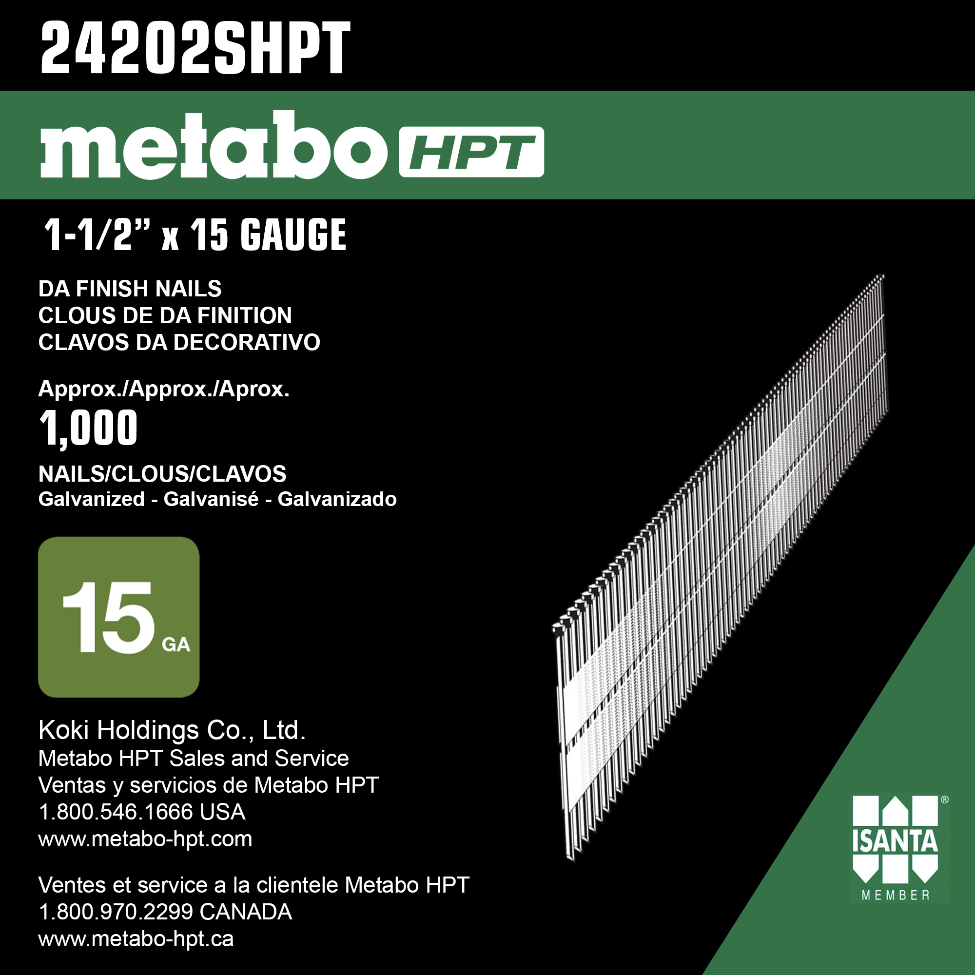 Metabo HPT 2-1/2" x 15 Gauge Galvanized Angle Finish Nails - 1000 Count