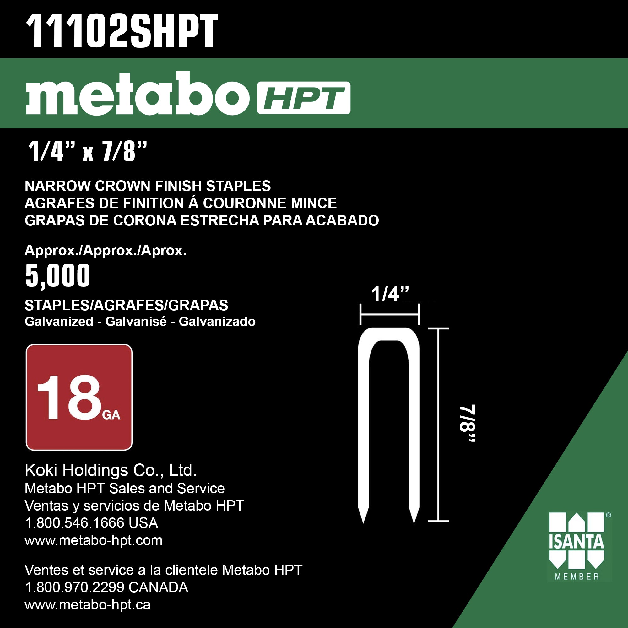 Metabo HPT 1/4" x 7/8" 18 Gauge - Agrafes finies électro-galvanisées - 1000 pièces
