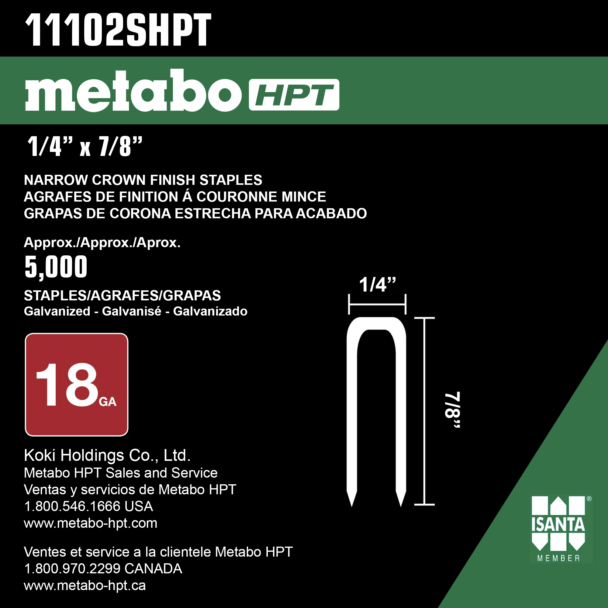 Metabo HPT 1/4" x 7/8" 18 Gauge - Electro Galvanized Finish Staples - 1000 Count