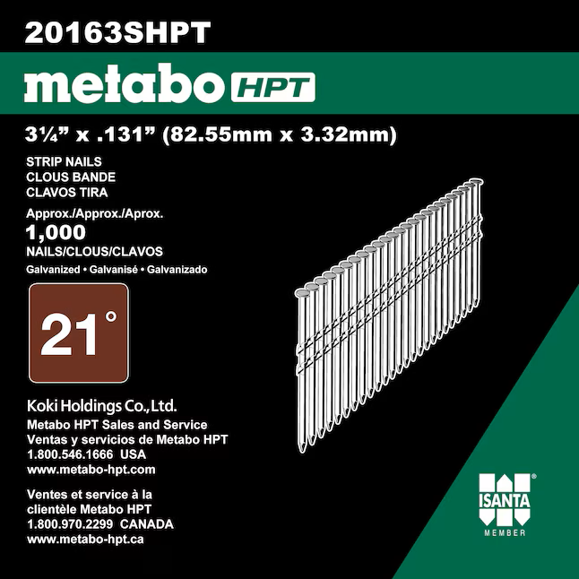 Metabo 20163SHPT Framing Nails - 3-1/4" by 0.131 - Full Round Head - Hot Dipped Galvanized - 1000 Count