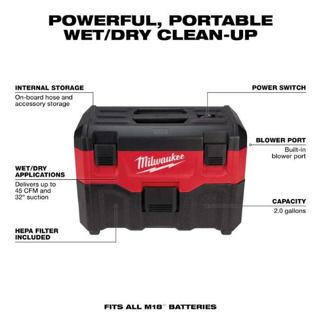 Aspirateur eau et poussière sans fil Milwaukee 18V
