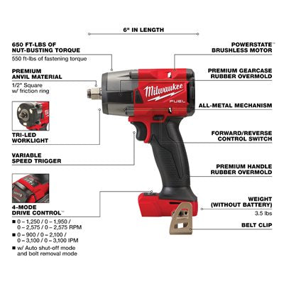Milwaukee M18 18V Fuel 1/2" Mid Torque Impact Wrench with Friction Ring