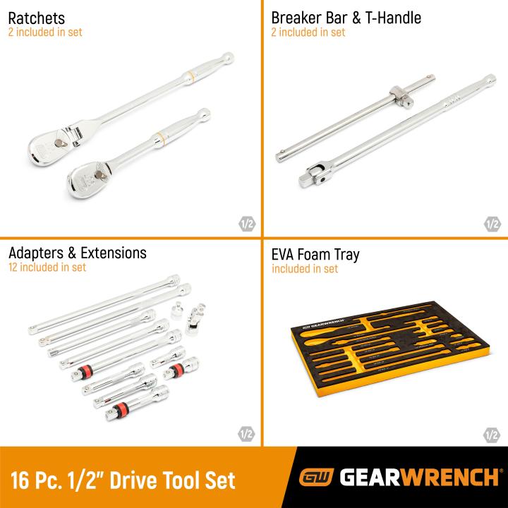 Gearwrench 1/2" 90T Ratchet & Drive Tool Set with Eva Foam Tray - 16 Piece