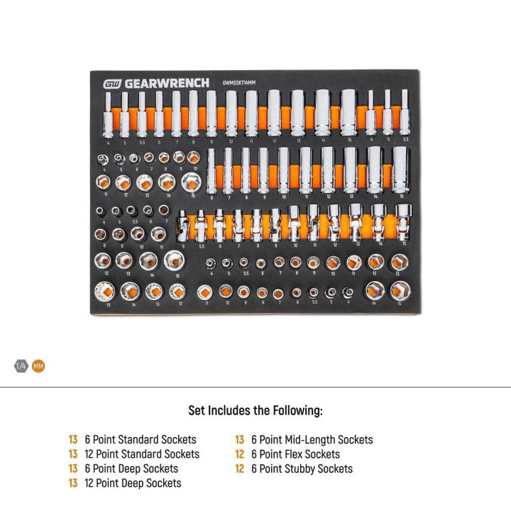 Gearwrench Jeu de douilles métriques Master 1/4" Drive avec plateau de rangement en mousse - 89 pièces