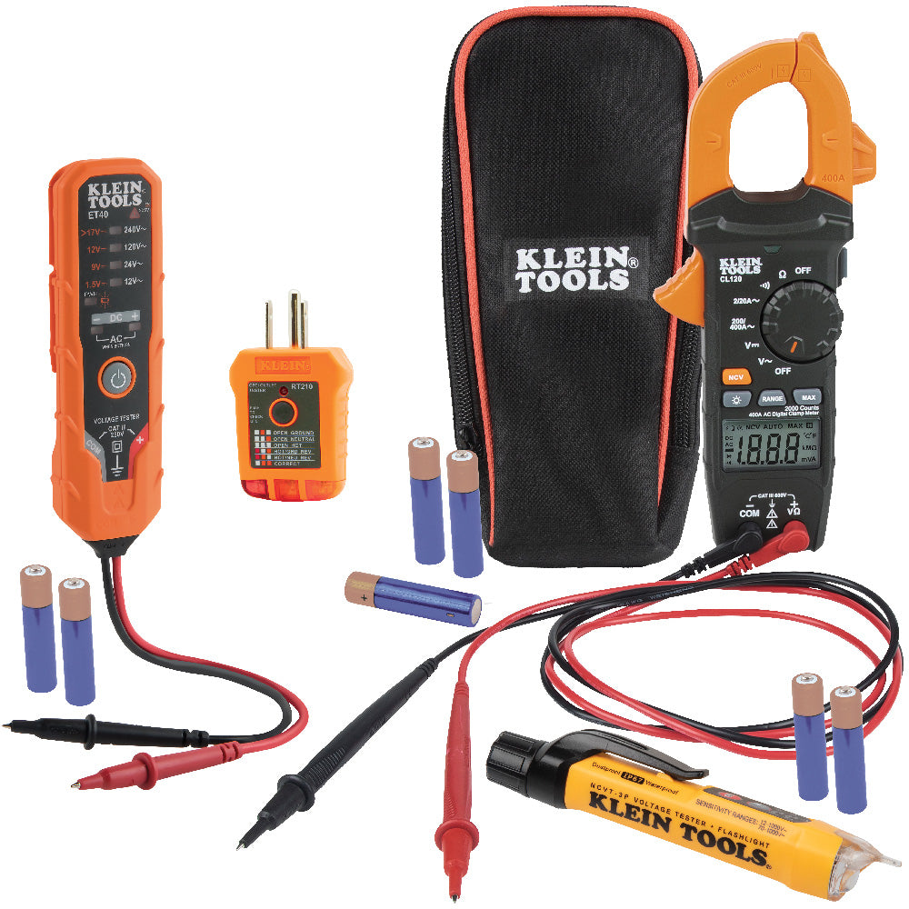 Klein Tools Electrical Voltage Test Kit with Clamp Meter Three Testers Test Leads Pouch and Batteries