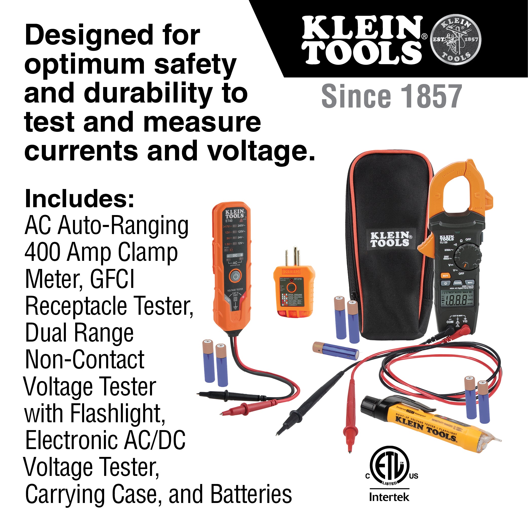 Klein Tools Electrical Voltage Test Kit with Clamp Meter Three Testers Test Leads Pouch and Batteries