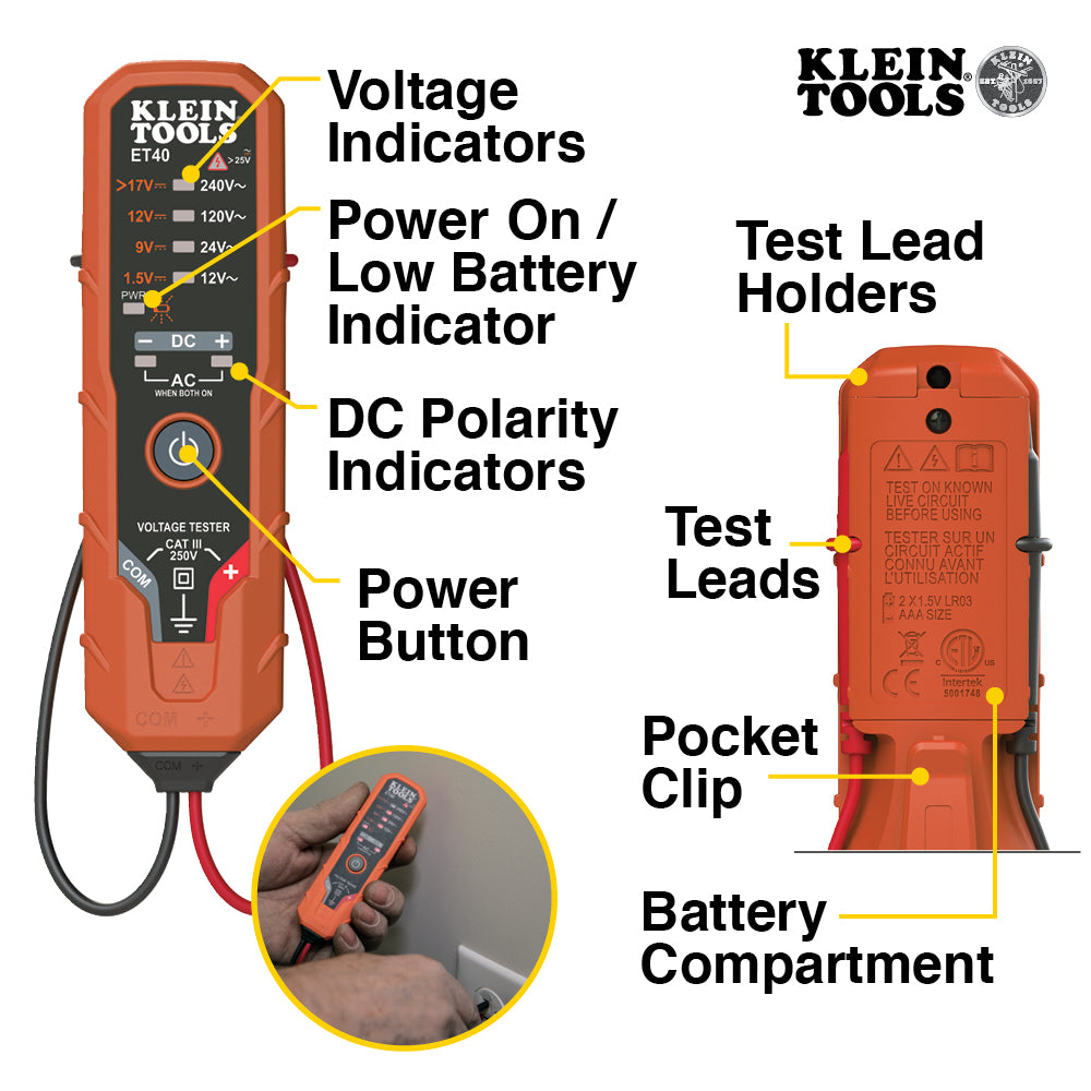 Klein Tools Electrical Voltage Test Kit with Clamp Meter Three Testers Test Leads Pouch and Batteries