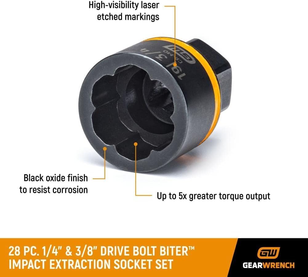 Gearwrench 1/4" & 3/8" Drive Bolt Biter Impact Extraction Socket Set - 28 Piece