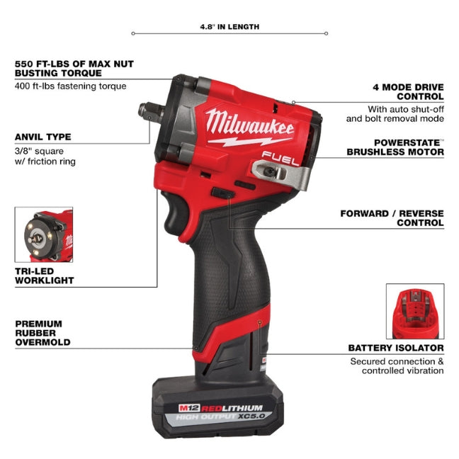 Milwaukee M12 3/8" Fuel Stubby Impact Wrench Kit