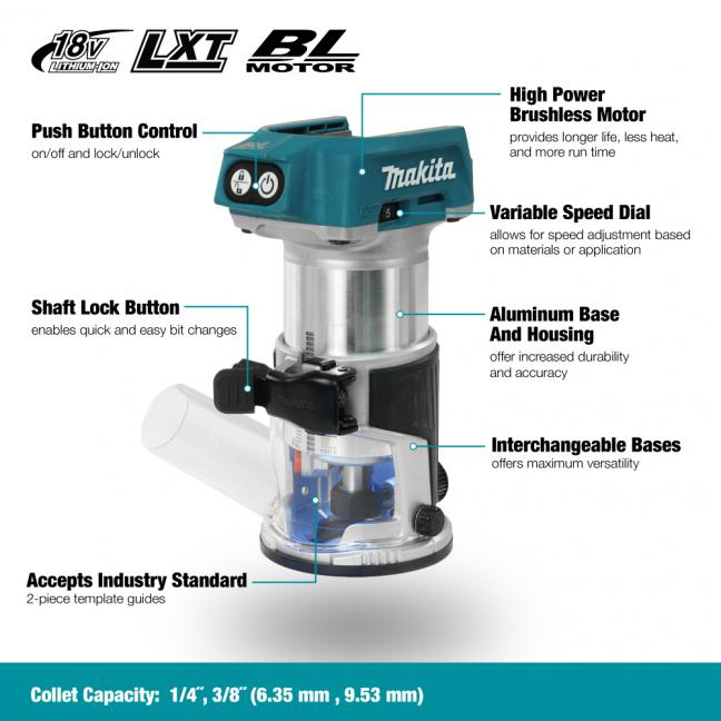 Makita 18V LXT Brushless Router With Dust Extraction - Tool only