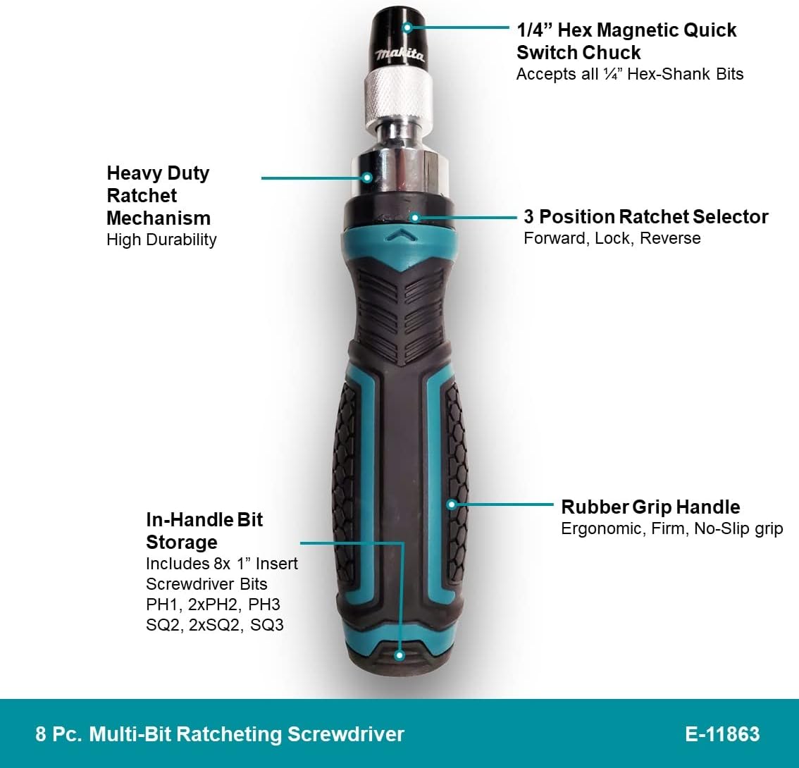 Makita Multi Bit Ratcheting Screwdriver - 8 PC