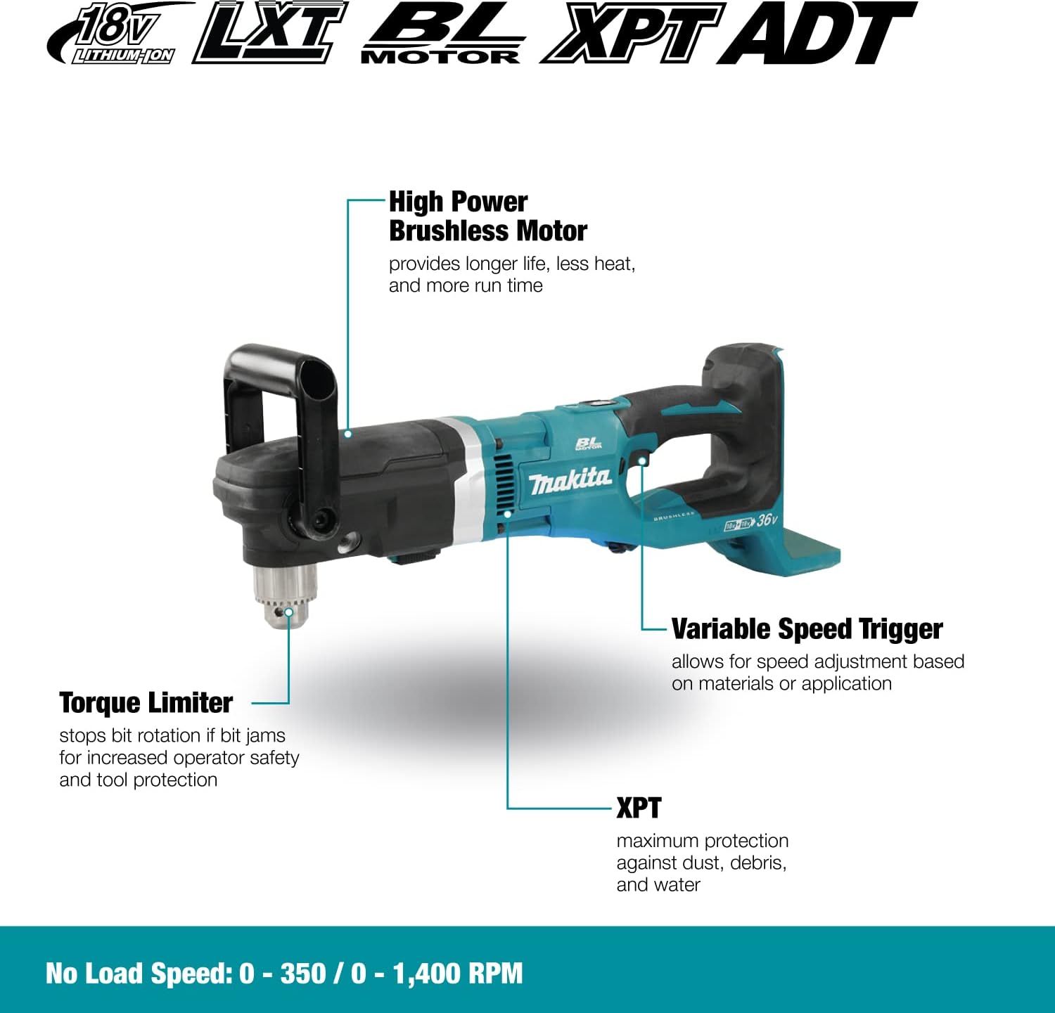 Makita 36V  LXT Brushless Cordless 1/2" Angle Drill - Tool Only